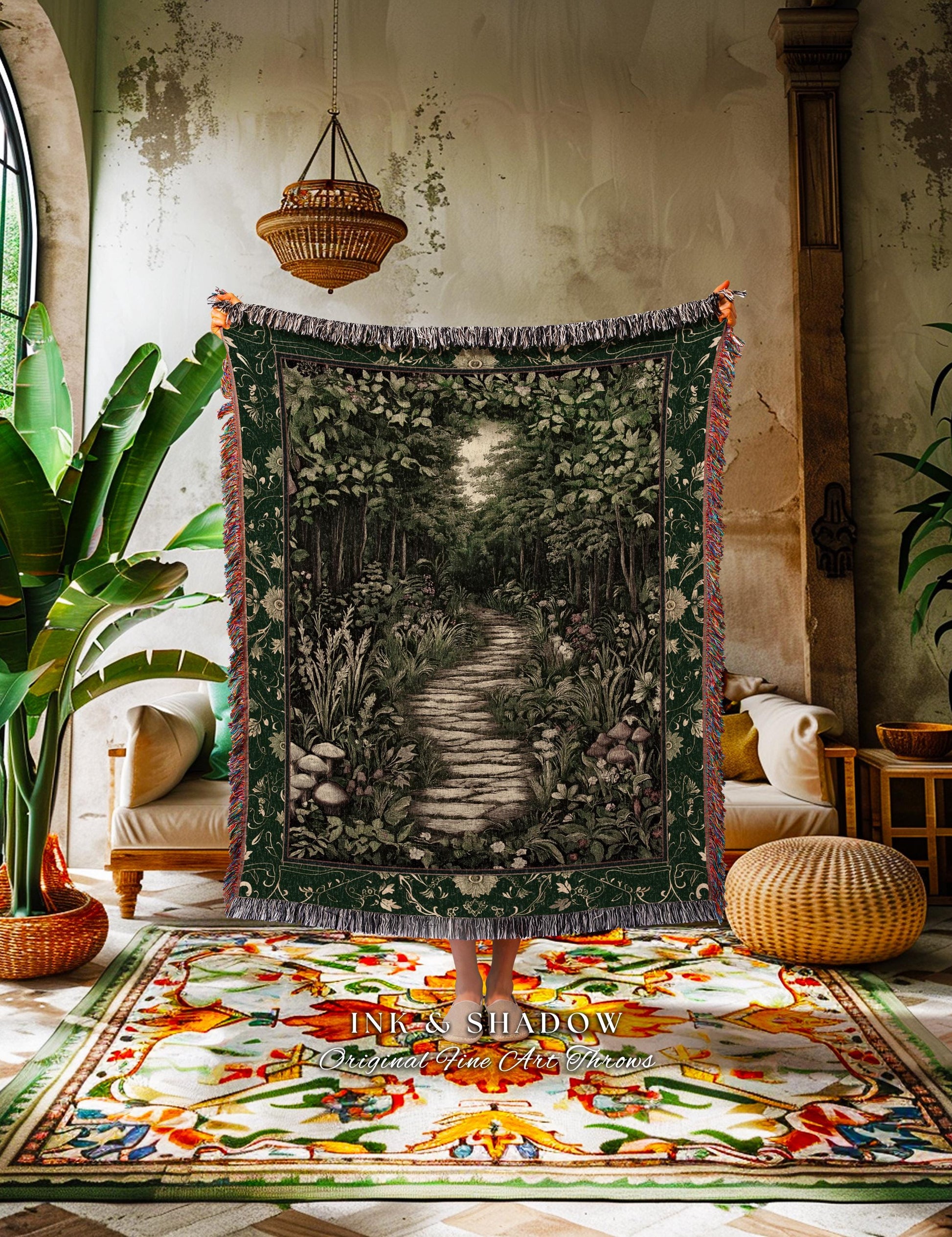 Ethereal Woodland Meadow Tapestry | Dark Academia Folklore Fairy Core Aesthetic Blanket Magical Bedroom Emerald Green Home Decor Botanical