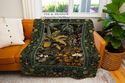 Whimsical Botanical Jungle Tapestry | Forest Aesthetic Woodland Living Room Mystical Home Decor Plant Themed Ethereal Book Nook Blanket |