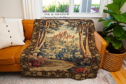 Book Nook Fairytale Castle Tapestry Throw, Woodland Fairycore Bohemian Folklore Aesthetic Magical Landscape Forestcore Dark Academia Blanket