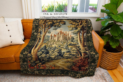 Mystic Castle Book Nook Tapestry Throw Ethereal Fairycore Folklore Aesthetic | Magical Woodland Botanical Blanket Dark Academia Indie Decor