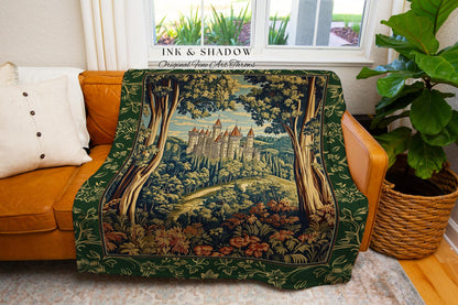 Fairytale Aesthetic Castle Tapestry Blanket Fairycore Folklore Inspired Decor | Magical Woodland Bedroom Whimsigothic Ethereal Forest Throw