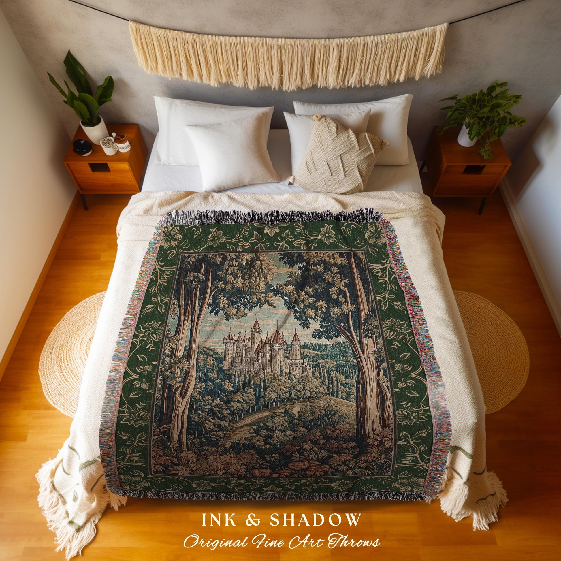 Fairytale Aesthetic Castle Tapestry Blanket Fairycore Folklore Inspired Decor | Magical Woodland Bedroom Whimsigothic Ethereal Forest Throw