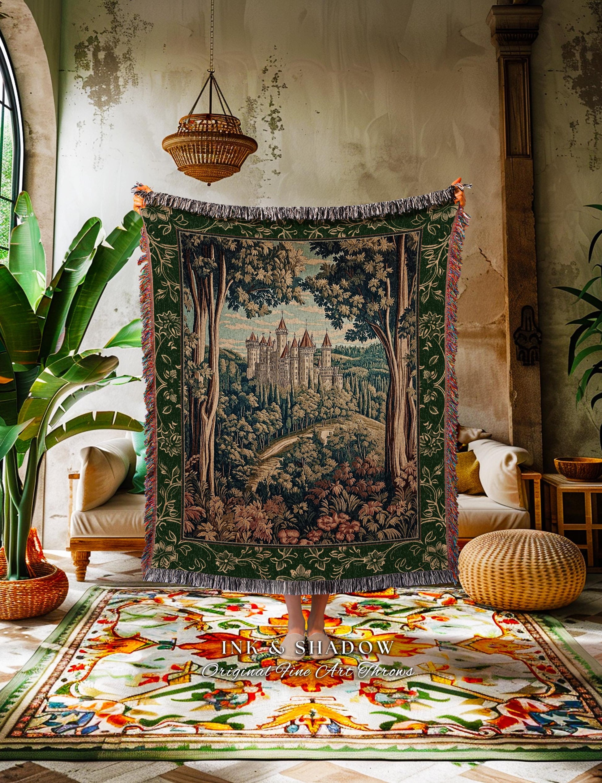 Fairytale Aesthetic Castle Tapestry Blanket Fairycore Folklore Inspired Decor | Magical Woodland Bedroom Whimsigothic Ethereal Forest Throw