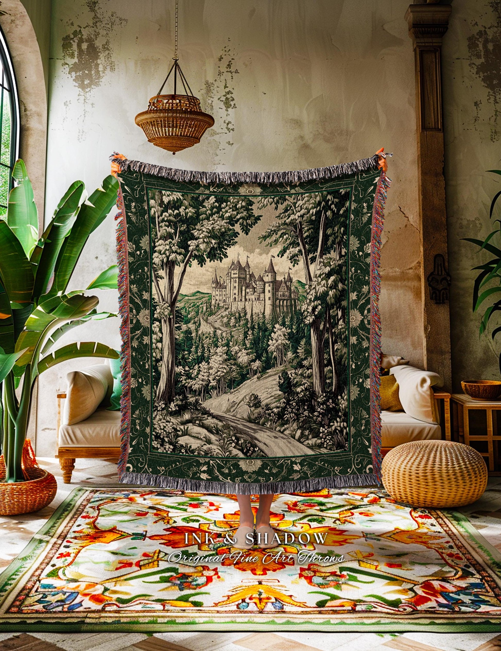 Medieval Castle Woodland Forest Tapestry Blanket Forestcore Dark Academia Fairytale Decor | Fairycore Magical Emerald Green Landscape Throw