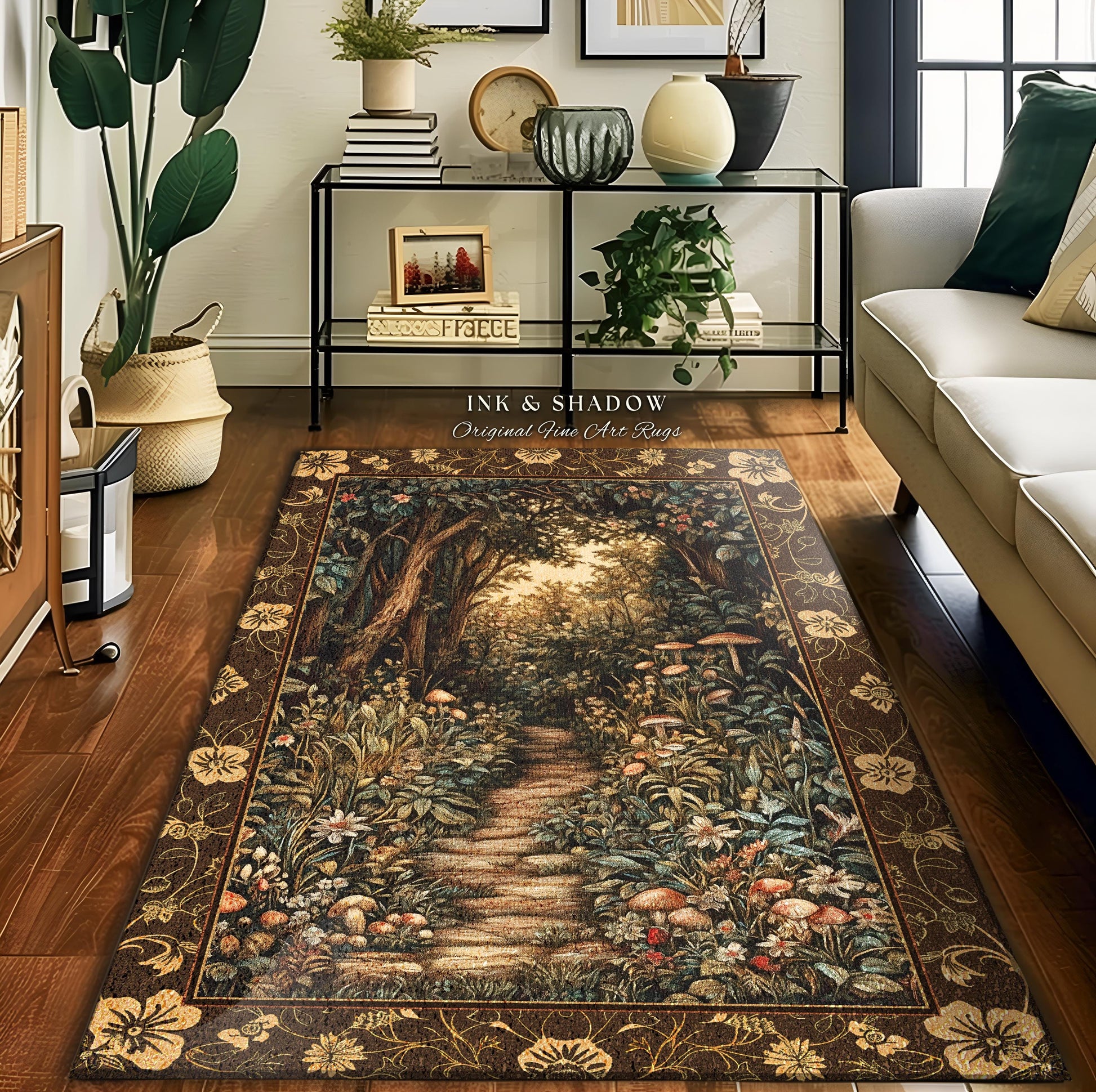 Mushroom Forest Magical Woodland Rug | Ethereal Mystic Academia Folklore Inspired Fairy Core Aesthetic Accent Rug Magical Bedroom Medieval