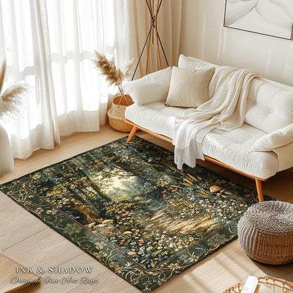 Fairy Meadow Mushroom Forest Rug | Mystic Academia Folklore Inspired Fairycore Aesthetic Accent Rug Magical Bedroom Medieval Home Decor |