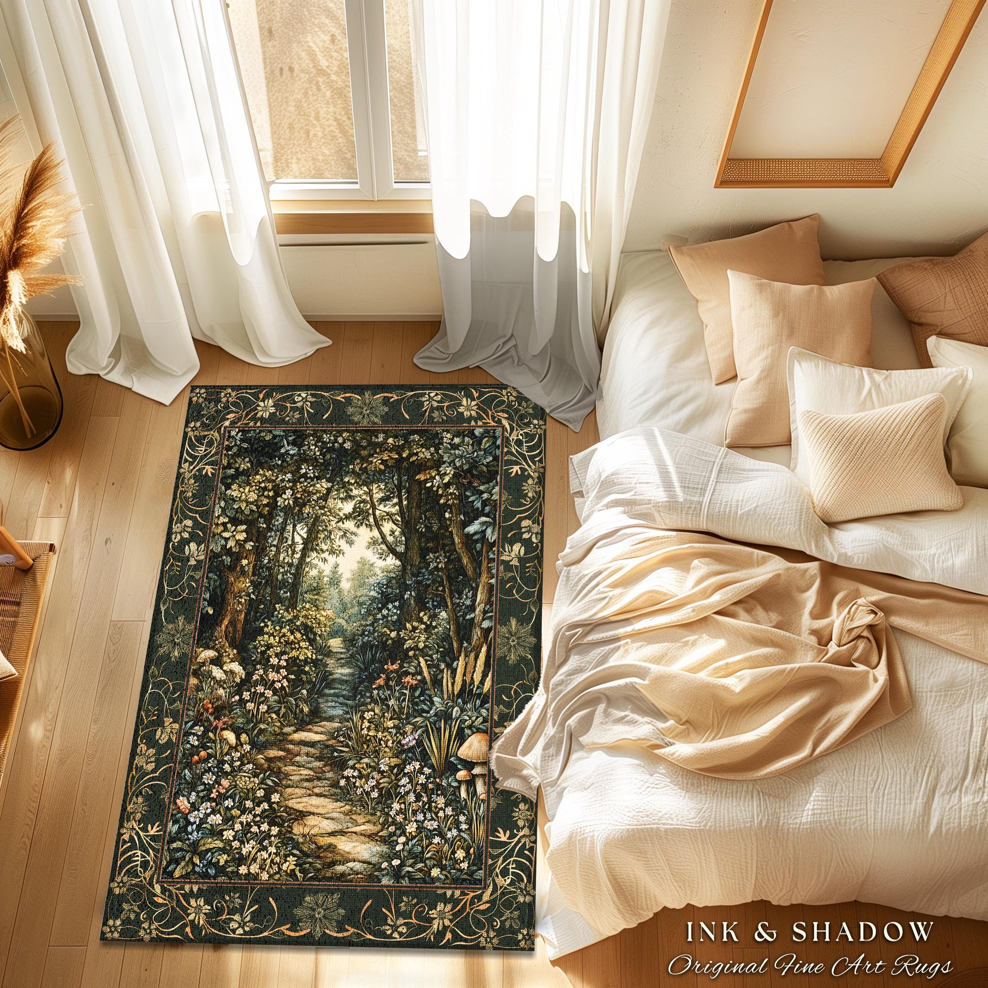 Fairy Meadow Mushroom Forest Rug | Mystic Academia Folklore Inspired Fairycore Aesthetic Accent Rug Magical Bedroom Medieval Home Decor |