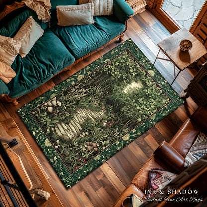 Ethereal Woodland Meadow Rug | Dark Academia Folklore Fairy Core Aesthetic Accent Rug Magical Bedroom Emerald Green Home Decor Botanical |