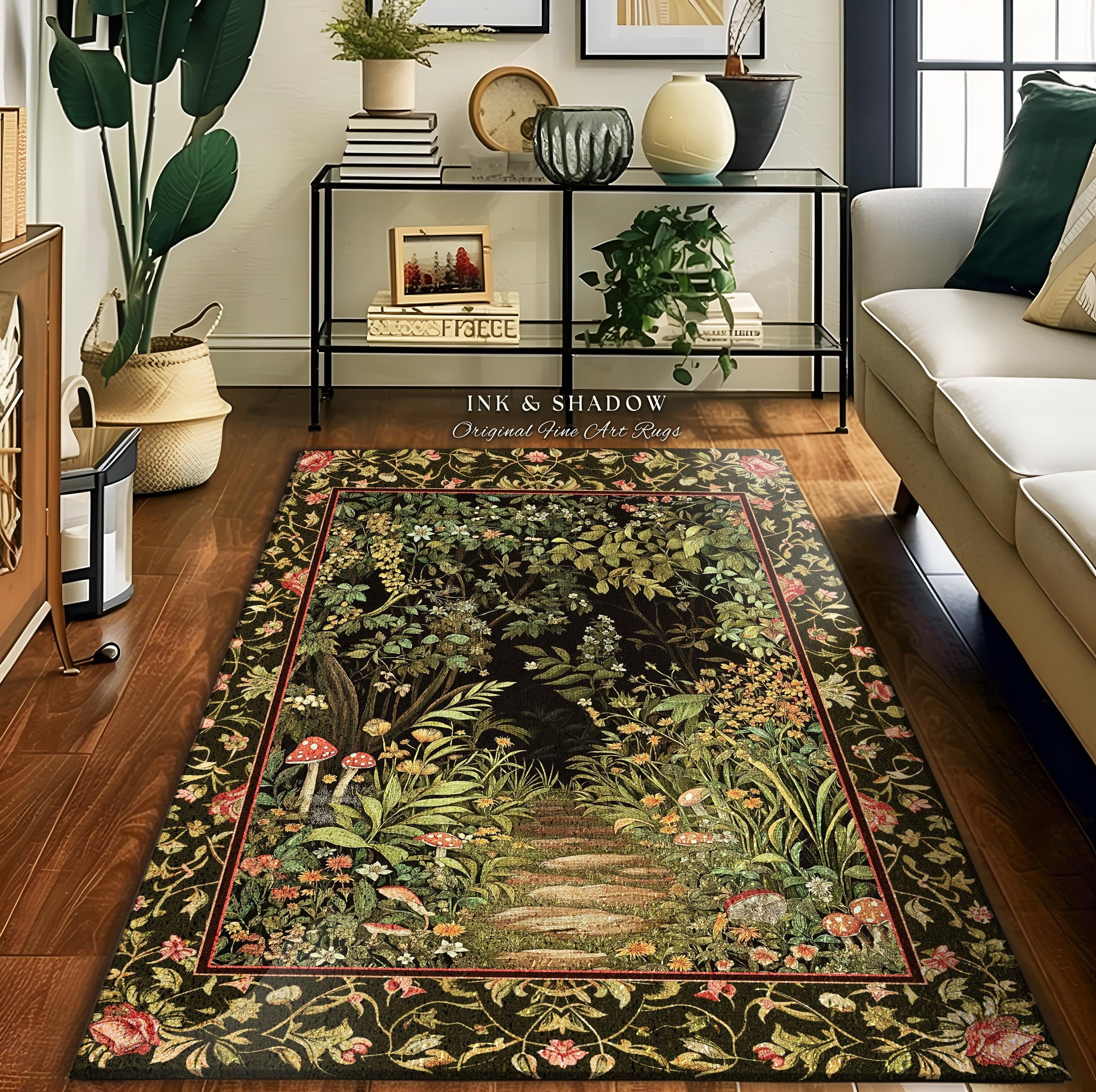 Toadstool Forest Mystical Mushroom Rug | Dark Academia Folklore Forest Inspired Fairycore Botanical Aesthetic Accent Rug Magical Medieval