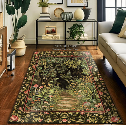 Toadstool Forest Mystical Mushroom Rug | Dark Academia Folklore Forest Inspired Fairycore Botanical Aesthetic Accent Rug Magical Medieval