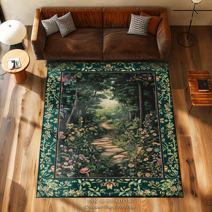 Woodland Forest Cottagecore Kitchen Rug | Fairycore Aesthetic Magical Woodland Entryway Emerald Green Home Decor Whimsigothic Floor Mat Long