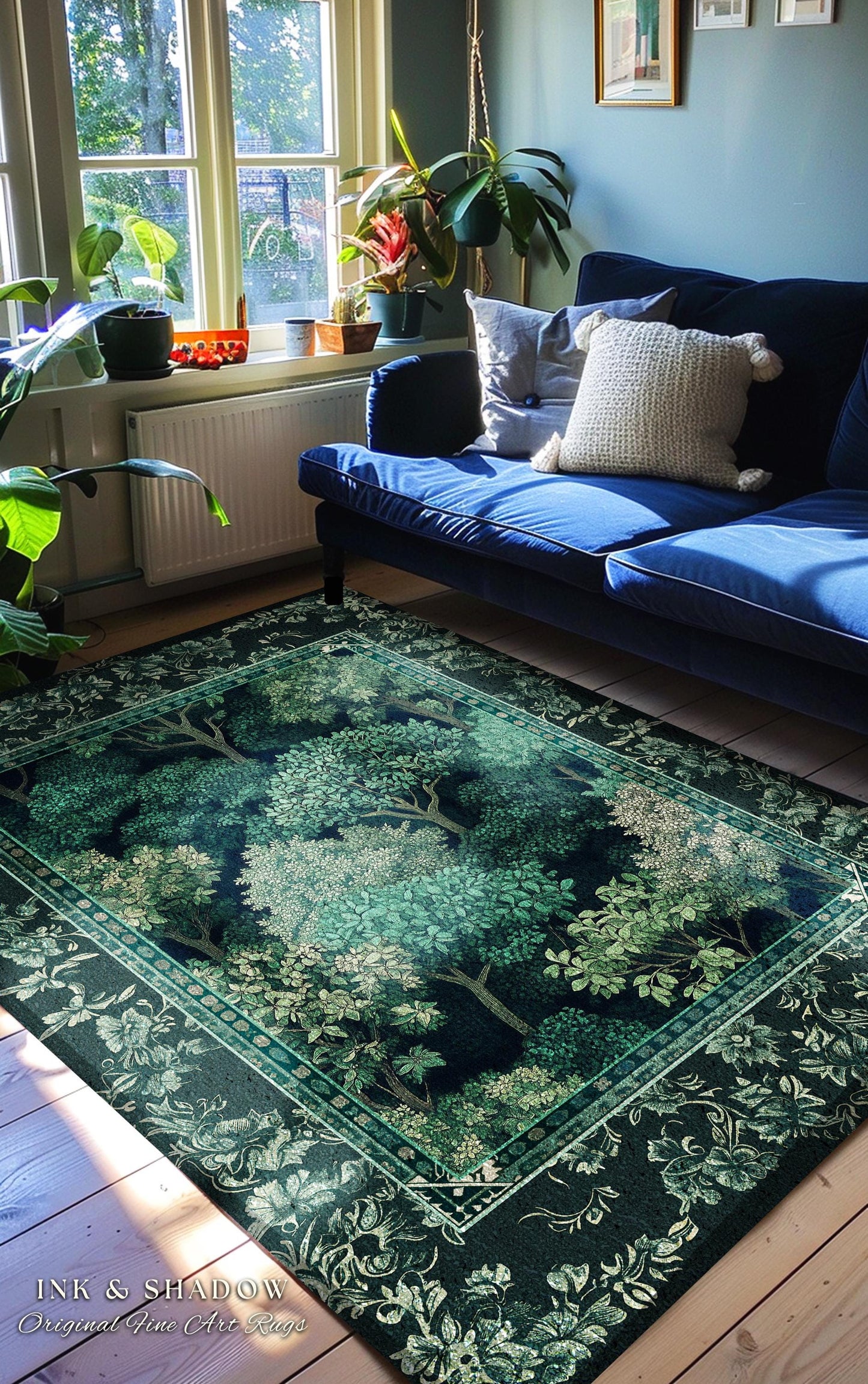 Verdant Greenery Botanical Round Area Rug | Woodland Magical Aesthetic Living Room Green Home Decor Plant Loving Bedroom Gift Emerald Teal |