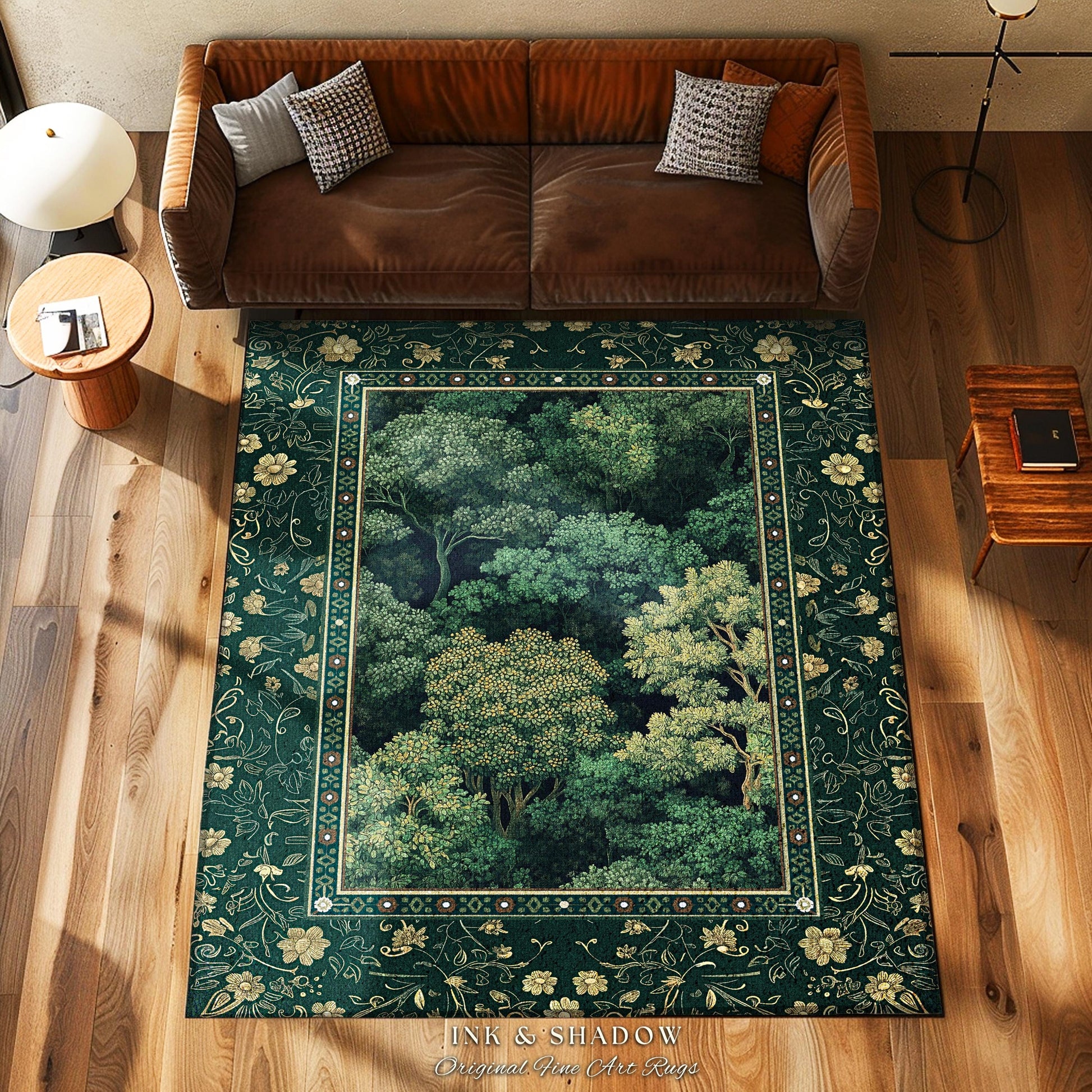 Lush Botanical Green Area Rug | Forest Theme Woodsy Aesthetic Living Room Green Home Decor Housewarming Gift Emerald Green Bedroom Floor Mat