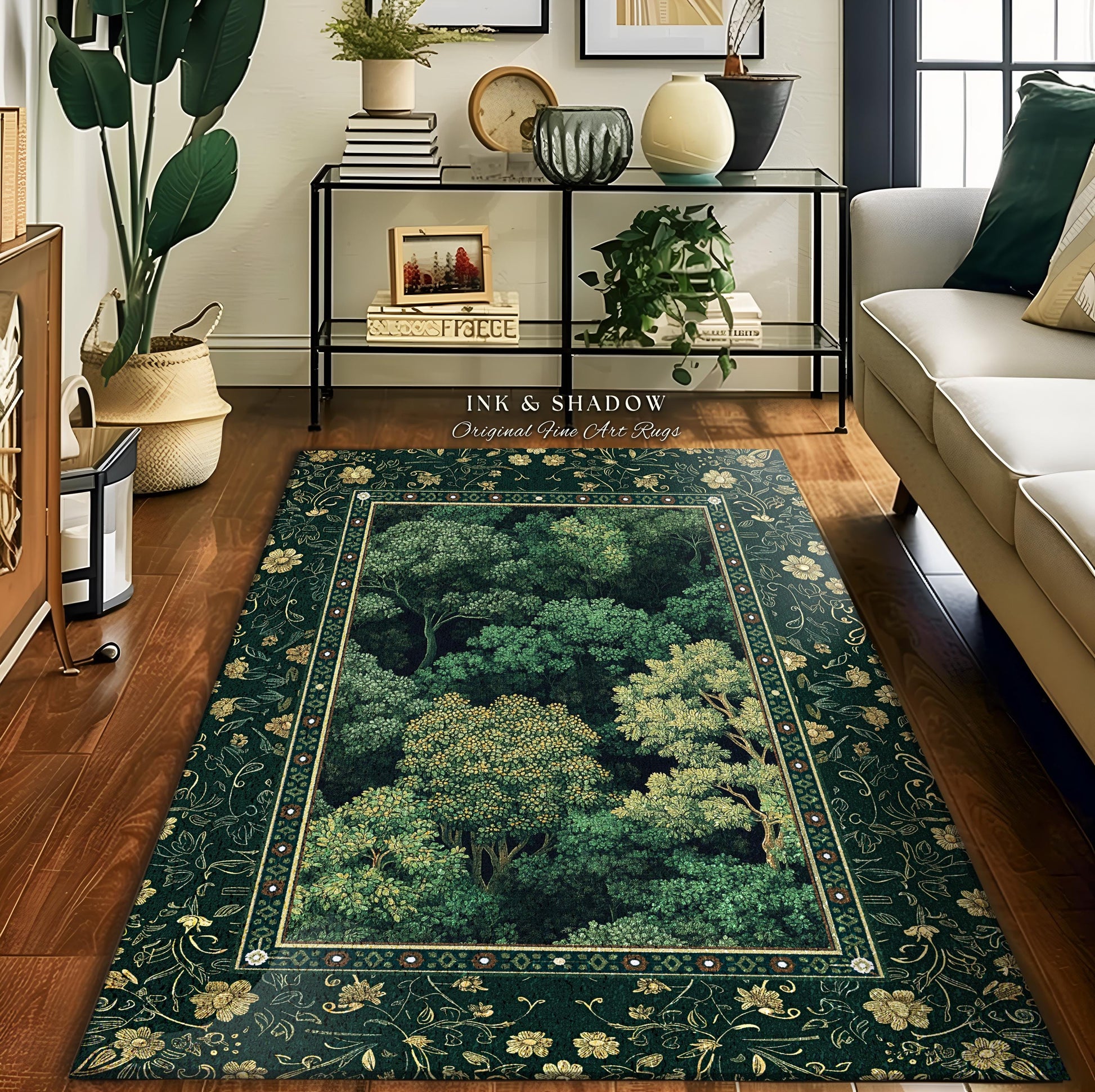 Lush Botanical Green Area Rug | Forest Theme Woodsy Aesthetic Living Room Green Home Decor Housewarming Gift Emerald Green Bedroom Floor Mat