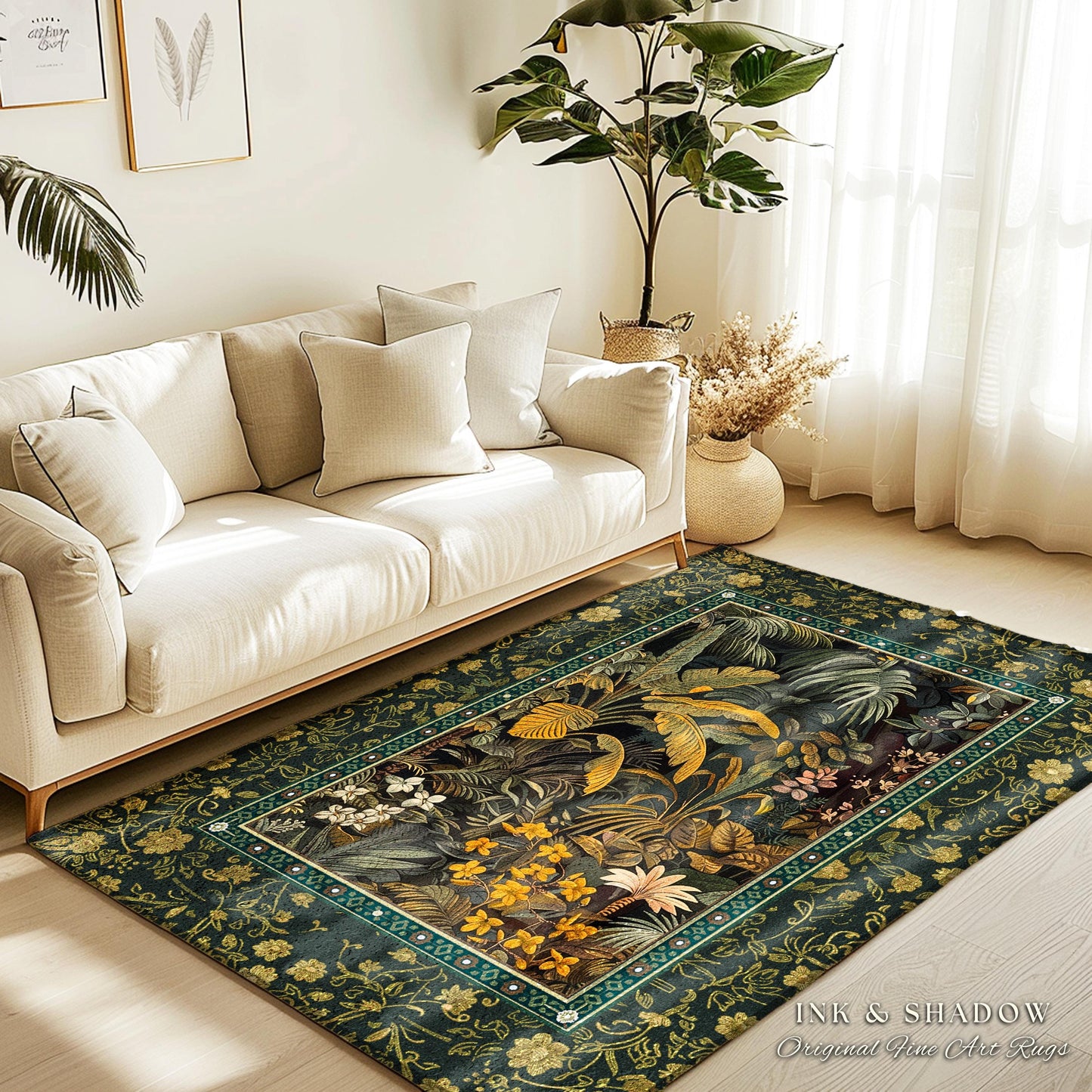 Whimsical Botanical Jungle Rug | Forest Aesthetic Woodland Living Room Mystical Home Decor Plant Themed Ethereal Bedroom Mat Book Nook Rug