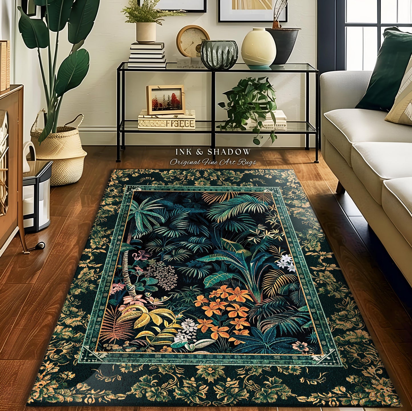 Jungle Foliage Botanical Accent Rug | Bohemian Aesthetic Woodland Living Room Emerald Green Home Decor Plant Themed Indie Bedroom Floor Mat