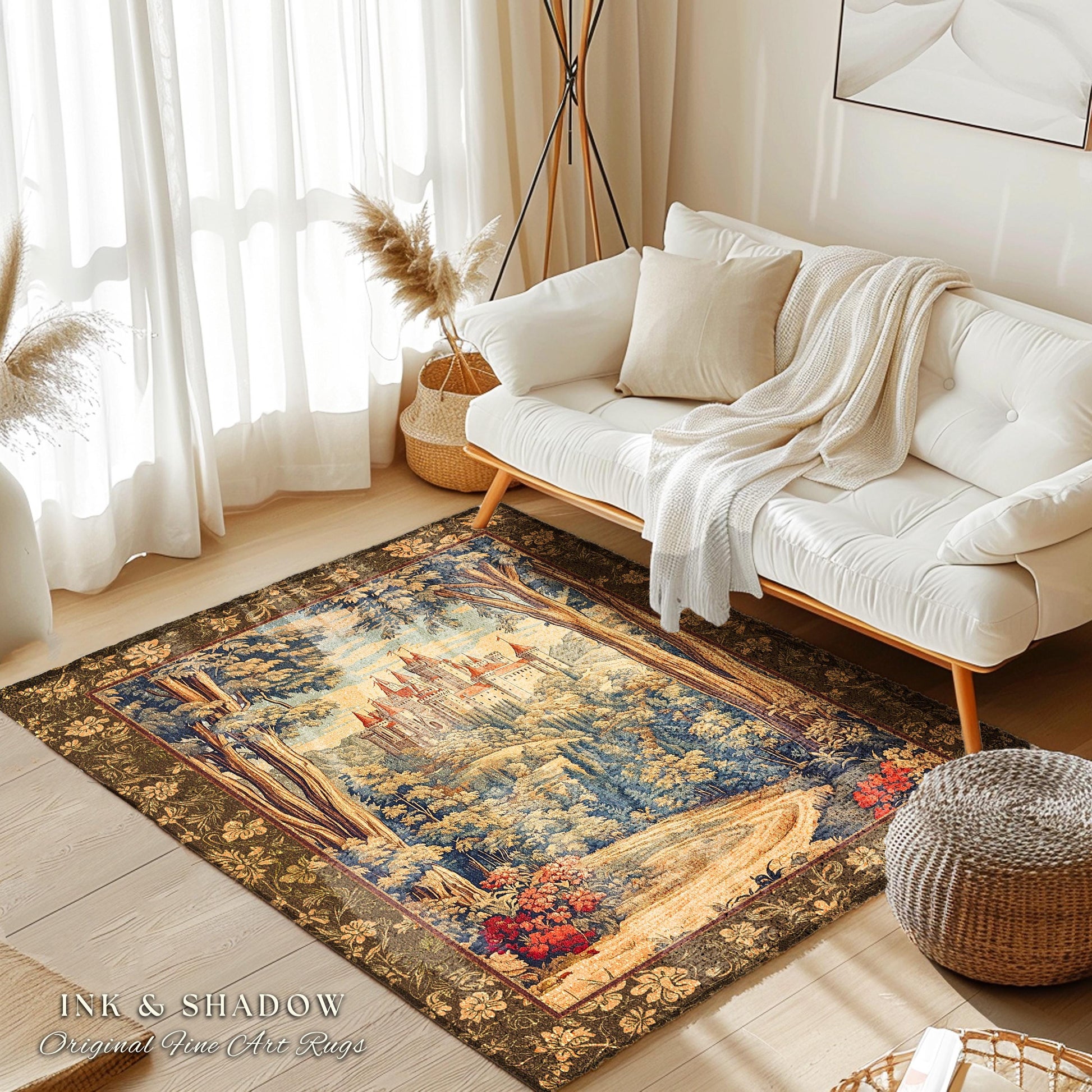 Book Nook Fairytale Castle Area Rug | Woodland Fairycore Bohemian Rug Folklore Aesthetic Magical Landscape Forestcore Bedroom Dark Academia