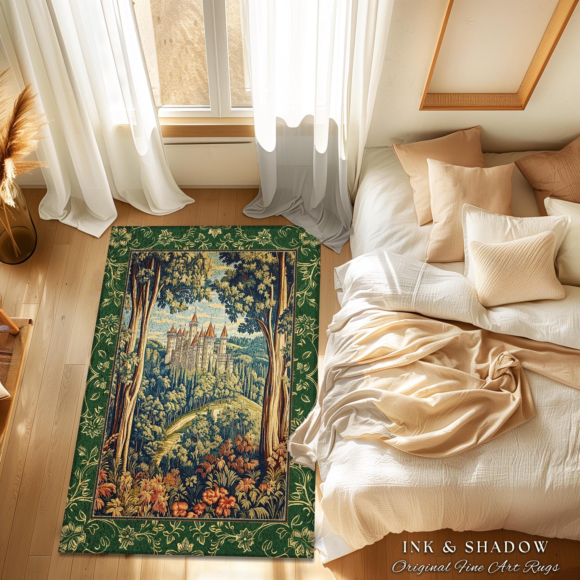 Fairytale Aesthetic Castle Rug | Fairycore Area Rug Folklore Inspired Magical Woodland Bedroom Decor Whimsigothic Mat Ethereal Botanical |