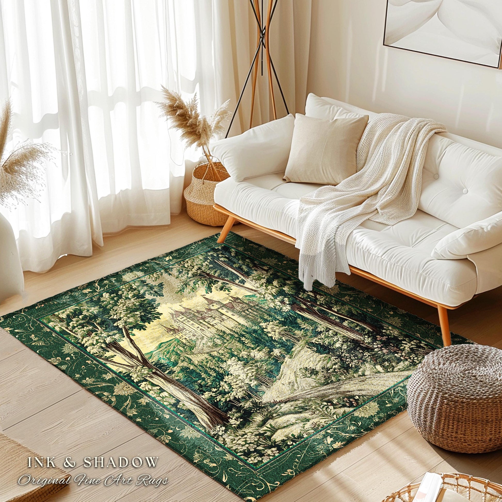 Medieval Castle Woodland Forest Rug | Forestcore Dark Academia Fairytale Inspired Fairycore Aesthetic Accent Rug Magical Emerald Home Decor