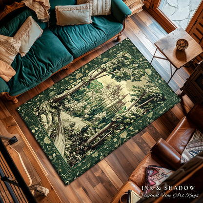 Medieval Castle Woodland Forest Rug | Forestcore Dark Academia Fairytale Inspired Fairycore Aesthetic Accent Rug Magical Emerald Home Decor