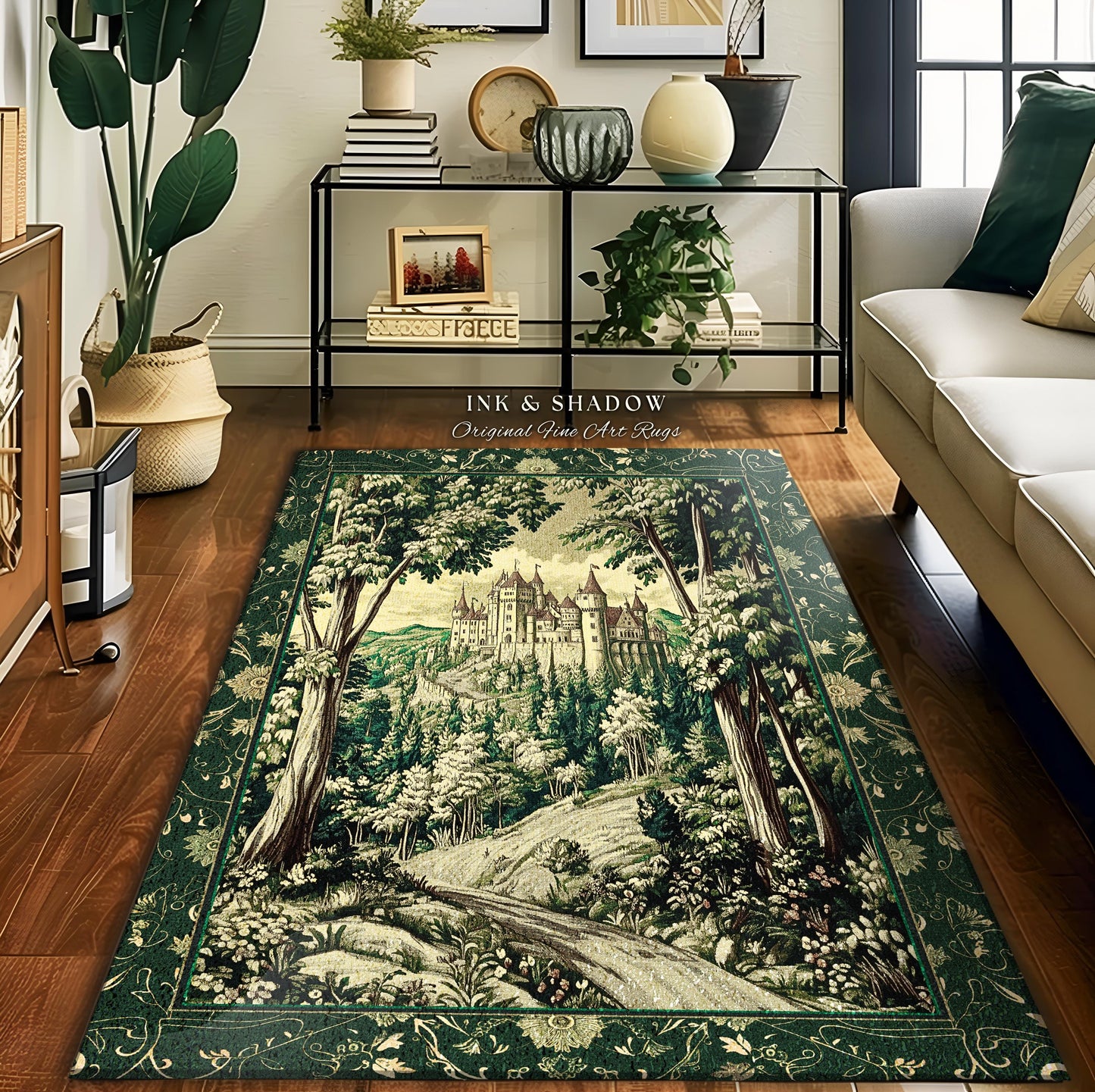 Medieval Castle Woodland Forest Rug | Forestcore Dark Academia Fairytale Inspired Fairycore Aesthetic Accent Rug Magical Emerald Home Decor