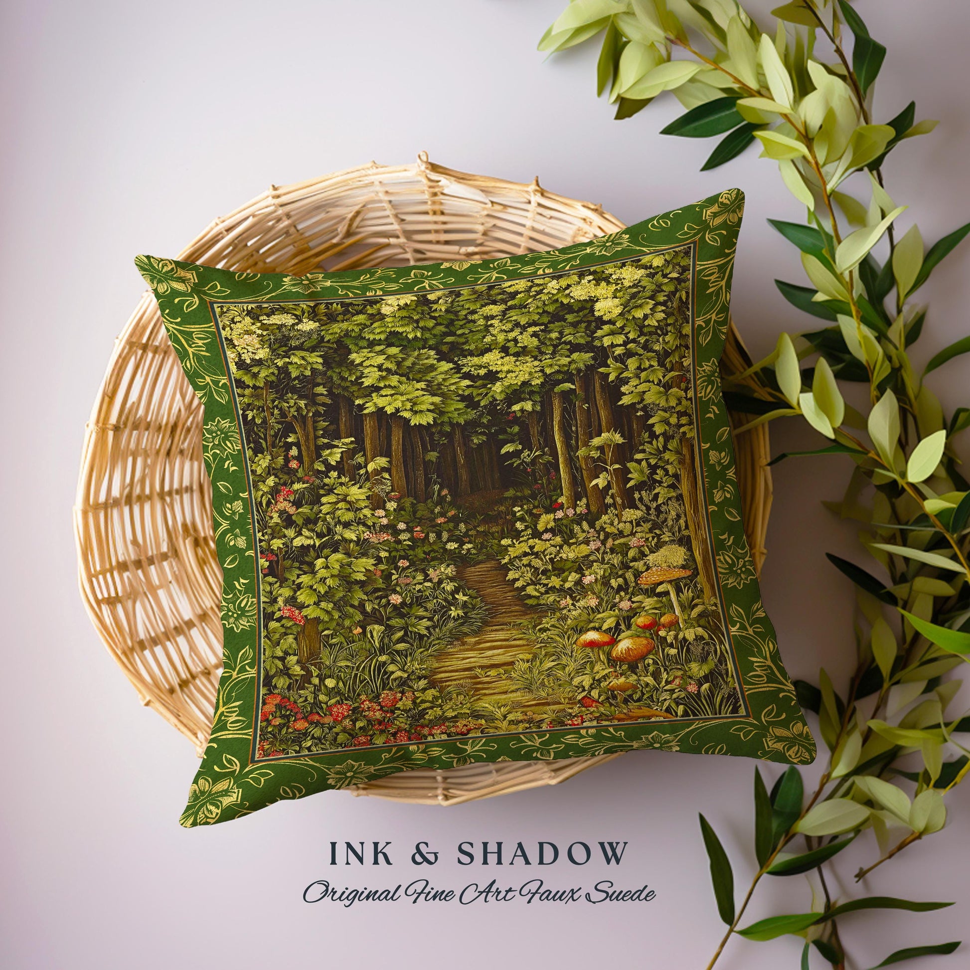 Fairytale Forest Botanical Throw Pillow | Mystic Aesthetic Woodland Home Magical Decor Plant Loving Bedroom Housewarming Gift Emerald Woods