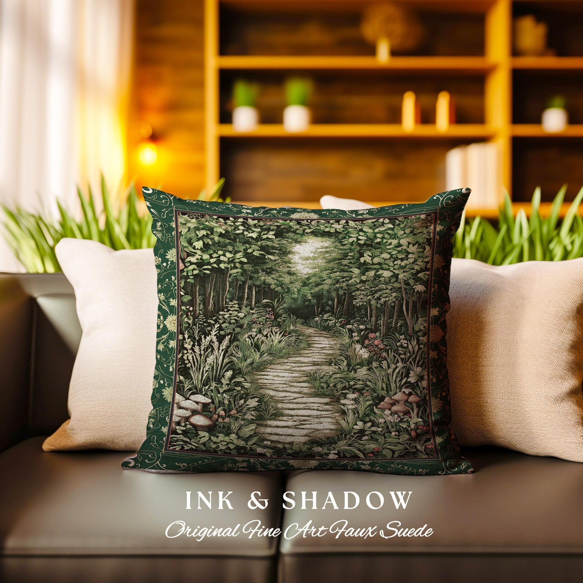 Ethereal Woodland Meadow Tapestry Pillow | Dark Academia Folklore Fairy Core Aesthetic Cushion Magical Bedroom Emerald Green Home Decor |