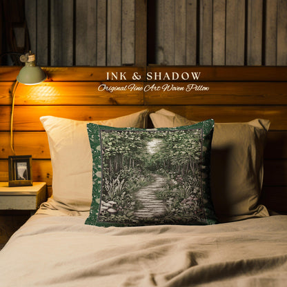 Ethereal Woodland Meadow Tapestry Pillow | Dark Academia Folklore Fairy Core Aesthetic Cushion Magical Bedroom Emerald Green Home Decor |