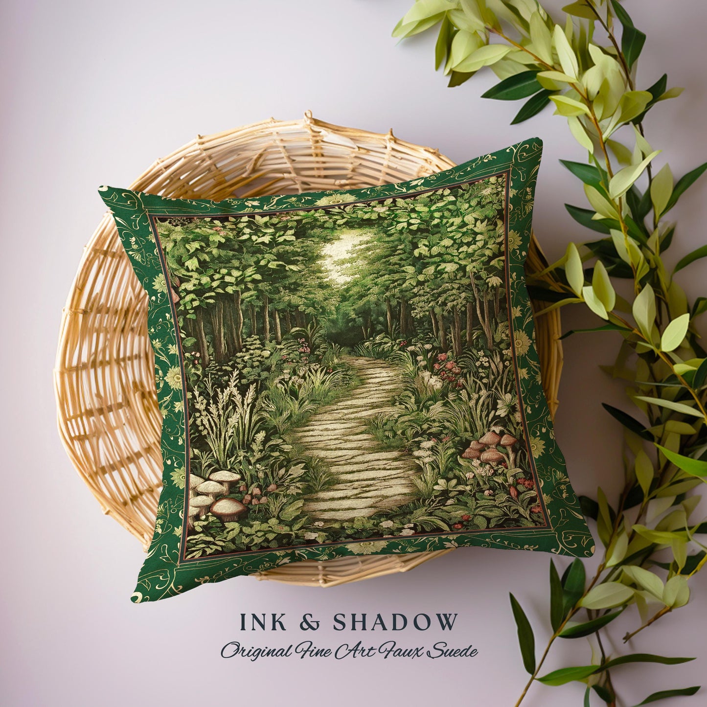 Ethereal Woodland Meadow Tapestry Pillow | Dark Academia Folklore Fairy Core Aesthetic Cushion Magical Bedroom Emerald Green Home Decor |