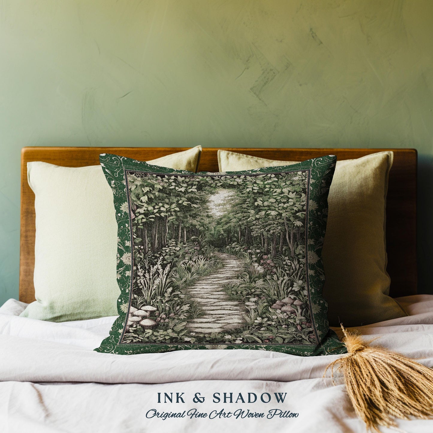 Ethereal Woodland Meadow Tapestry Pillow | Dark Academia Folklore Fairy Core Aesthetic Cushion Magical Bedroom Emerald Green Home Decor |