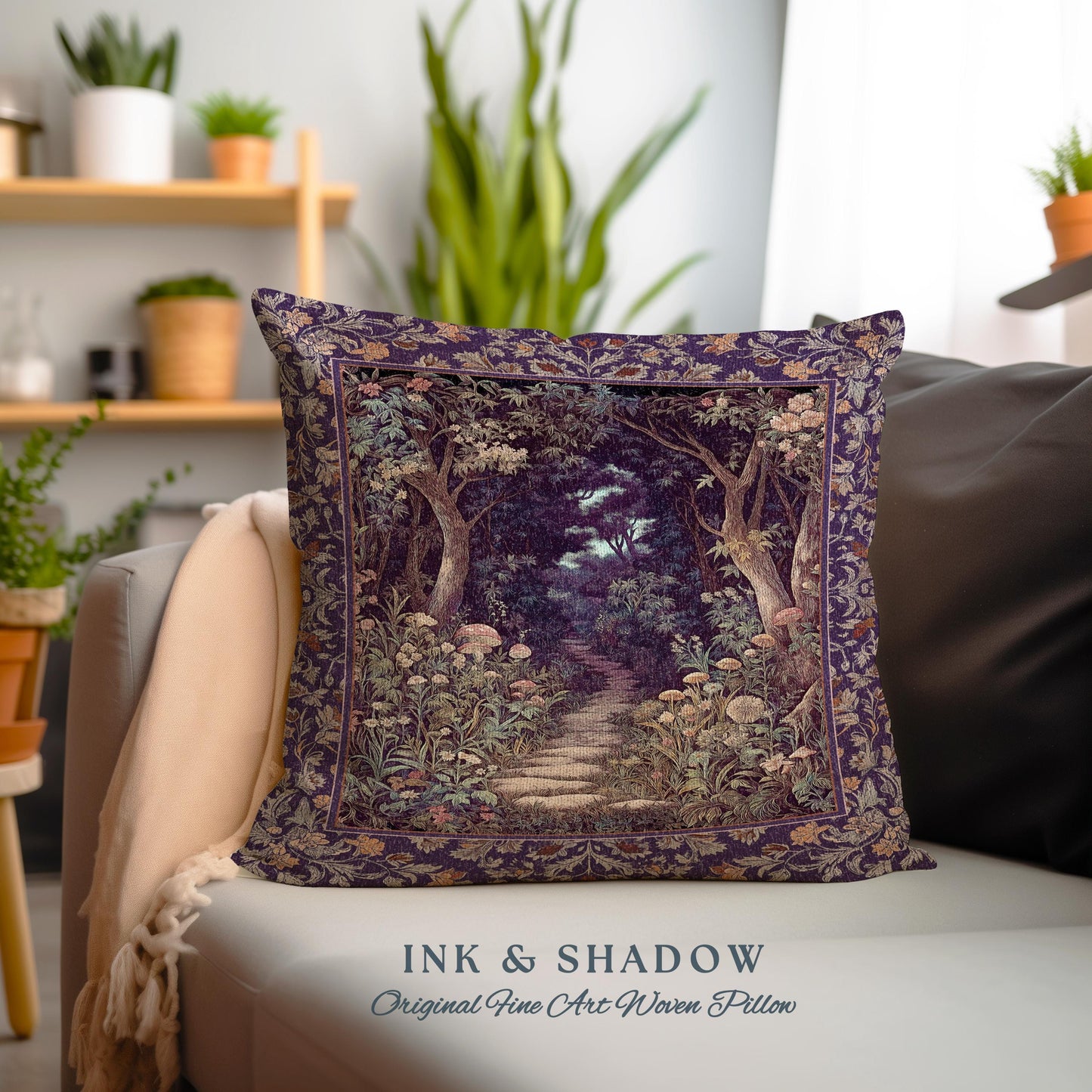 Magical Woodland Mushroom Tapestry Pillow | Fairytale Theme Woodland Botanical Aesthetic Whimsical Home Accent Cushion Bedroom Housewarming