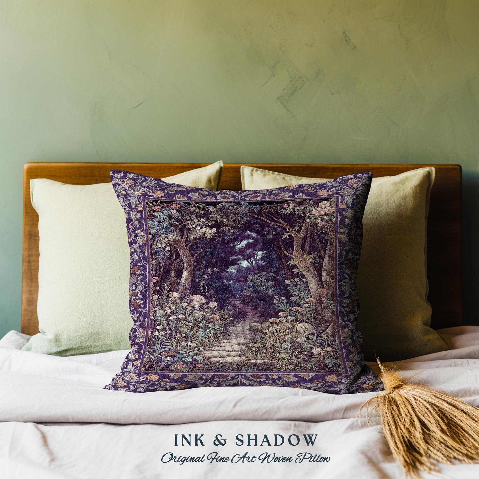 Magical Woodland Mushroom Tapestry Pillow | Fairytale Theme Woodland Botanical Aesthetic Whimsical Home Accent Cushion Bedroom Housewarming