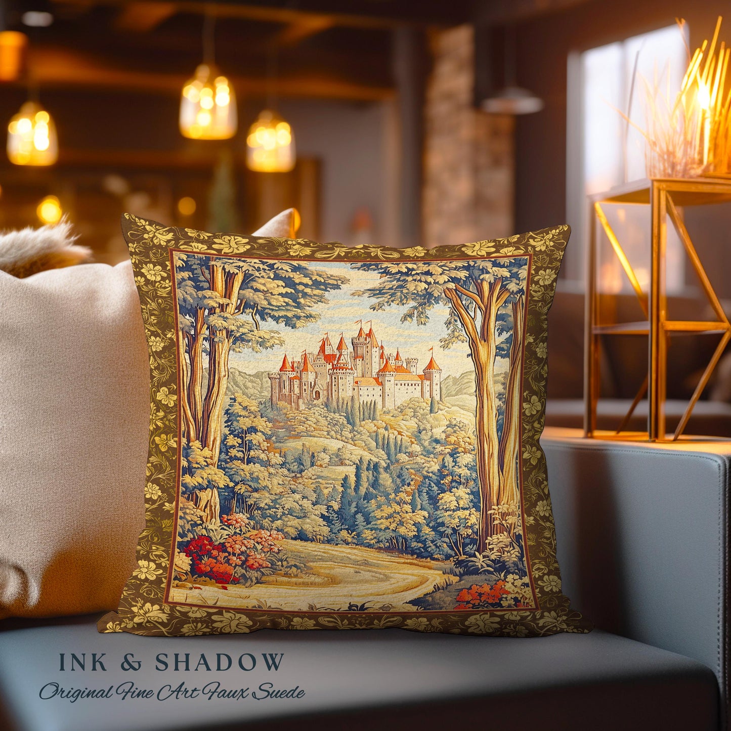 Book Nook Fairytale Castle Tapestry Pillow Woodland Fairycore Bohemian Folklore Aesthetic Magical Landscape Forestcore Dark Academia Cushion