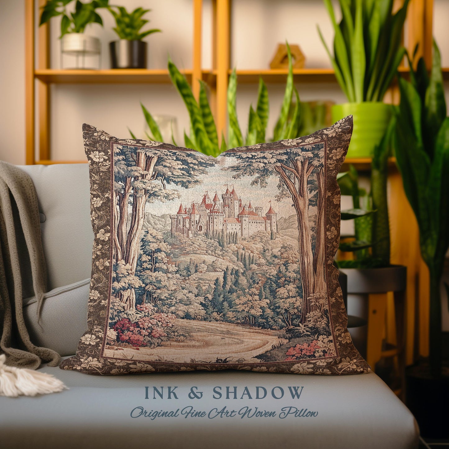 Book Nook Fairytale Castle Tapestry Pillow Woodland Fairycore Bohemian Folklore Aesthetic Magical Landscape Forestcore Dark Academia Cushion