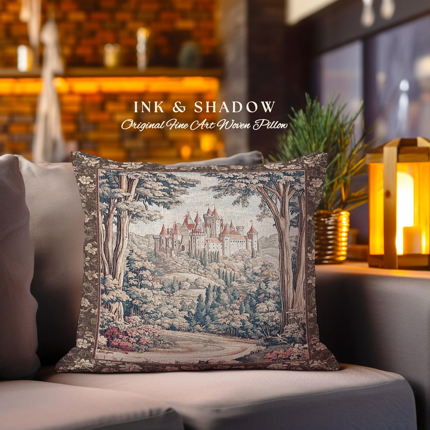 Book Nook Fairytale Castle Tapestry Pillow Woodland Fairycore Bohemian Folklore Aesthetic Magical Landscape Forestcore Dark Academia Cushion