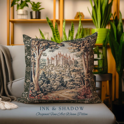 Mystic Castle Book Nook Tapestry Pillow Ethereal Fairycore Folklore Aesthetic | Magical Woodland Botanical Cushion Dark Academia Indie Decor