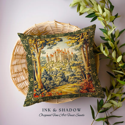 Mystic Castle Book Nook Tapestry Pillow Ethereal Fairycore Folklore Aesthetic | Magical Woodland Botanical Cushion Dark Academia Indie Decor