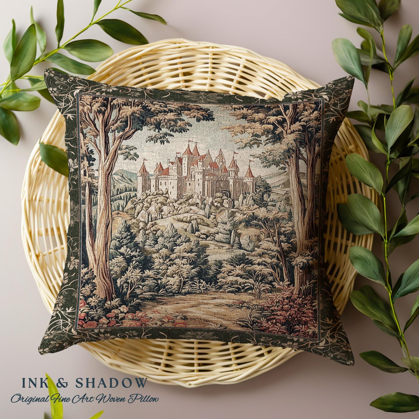 Mystic Castle Book Nook Tapestry Pillow Ethereal Fairycore Folklore Aesthetic | Magical Woodland Botanical Cushion Dark Academia Indie Decor