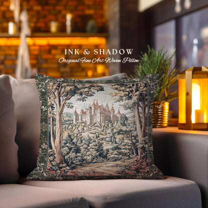 Mystic Castle Book Nook Tapestry Pillow Ethereal Fairycore Folklore Aesthetic | Magical Woodland Botanical Cushion Dark Academia Indie Decor