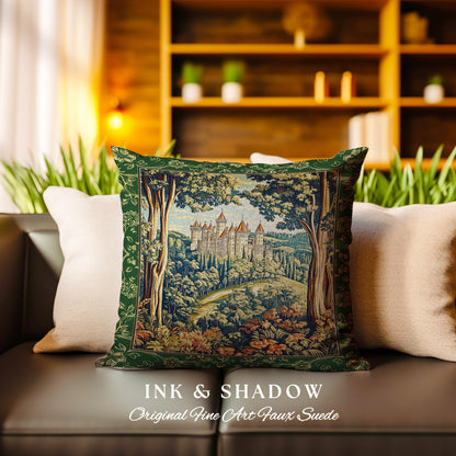 Fairytale Aesthetic Castle Tapestry Pillow Fairycore Folklore Inspired Decor | Magical Woodland Bedroom Whimsigothic Ethereal Forest Cushion