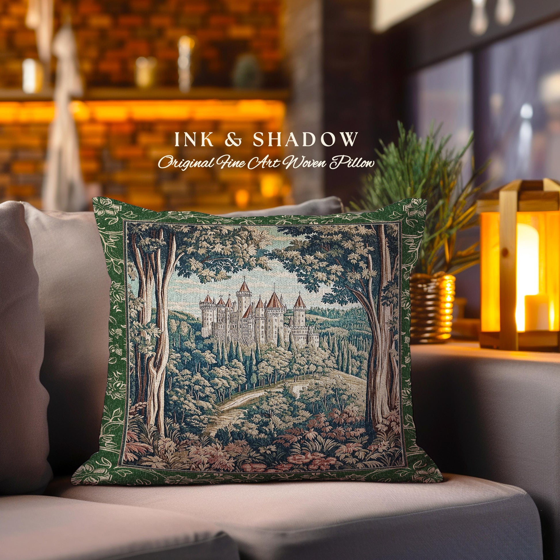 Fairytale Aesthetic Castle Tapestry Pillow Fairycore Folklore Inspired Decor | Magical Woodland Bedroom Whimsigothic Ethereal Forest Cushion