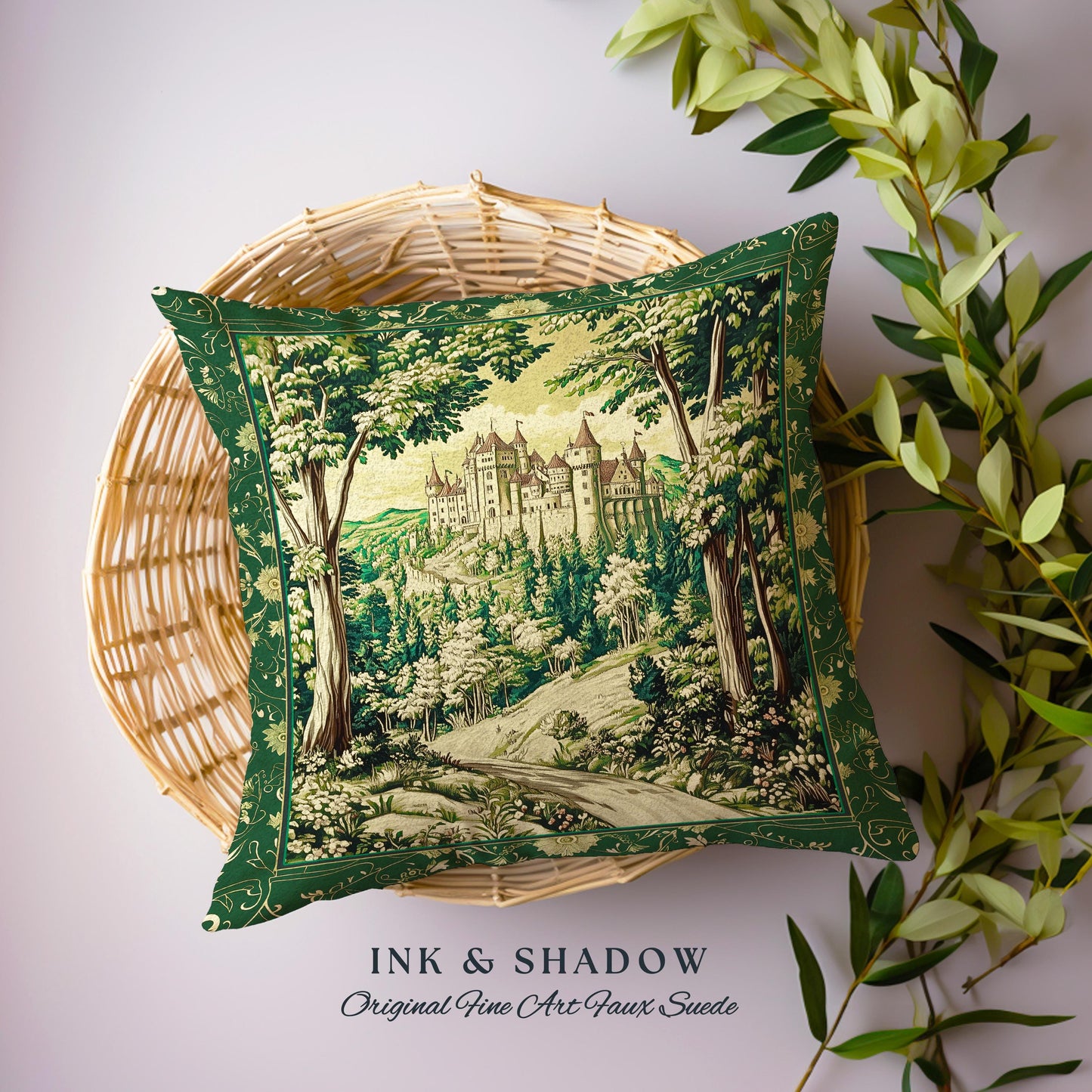 Fairytale Forest Botanical Throw Pillow | Mystic Aesthetic Woodland Home Magical Decor Plant Loving Bedroom Housewarming Gift Emerald Woods