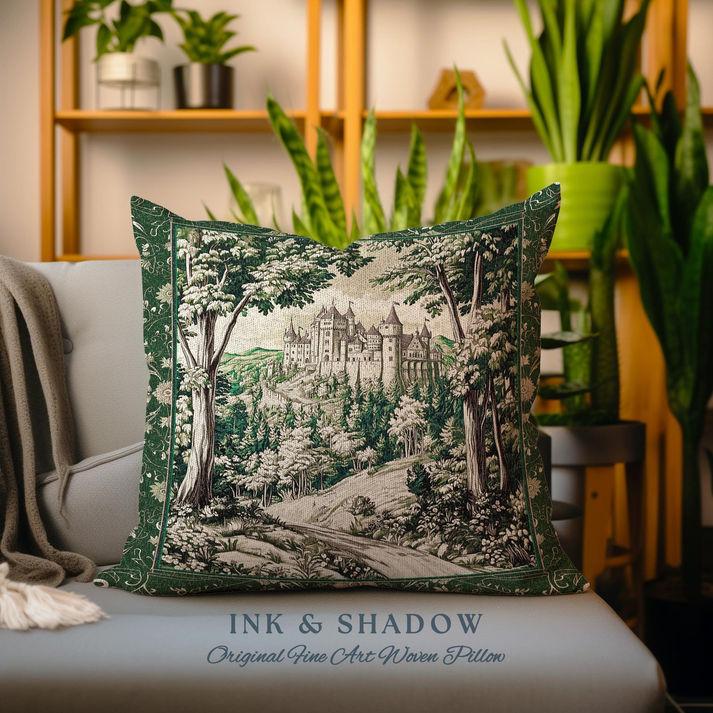 Fairytale Forest Botanical Throw Pillow | Mystic Aesthetic Woodland Home Magical Decor Plant Loving Bedroom Housewarming Gift Emerald Woods