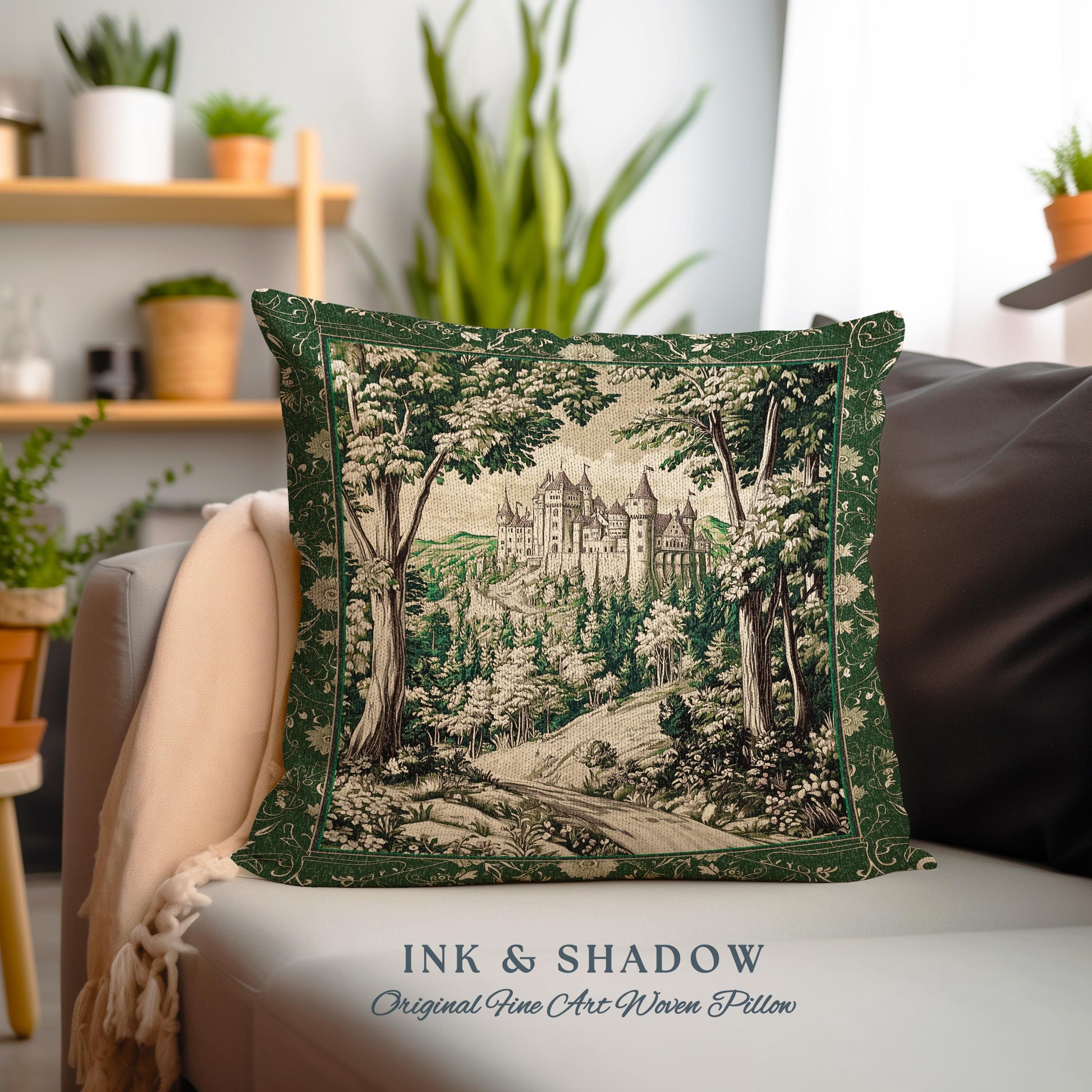 Fairytale Forest Botanical Throw Pillow | Mystic Aesthetic Woodland Home Magical Decor Plant Loving Bedroom Housewarming Gift Emerald Woods