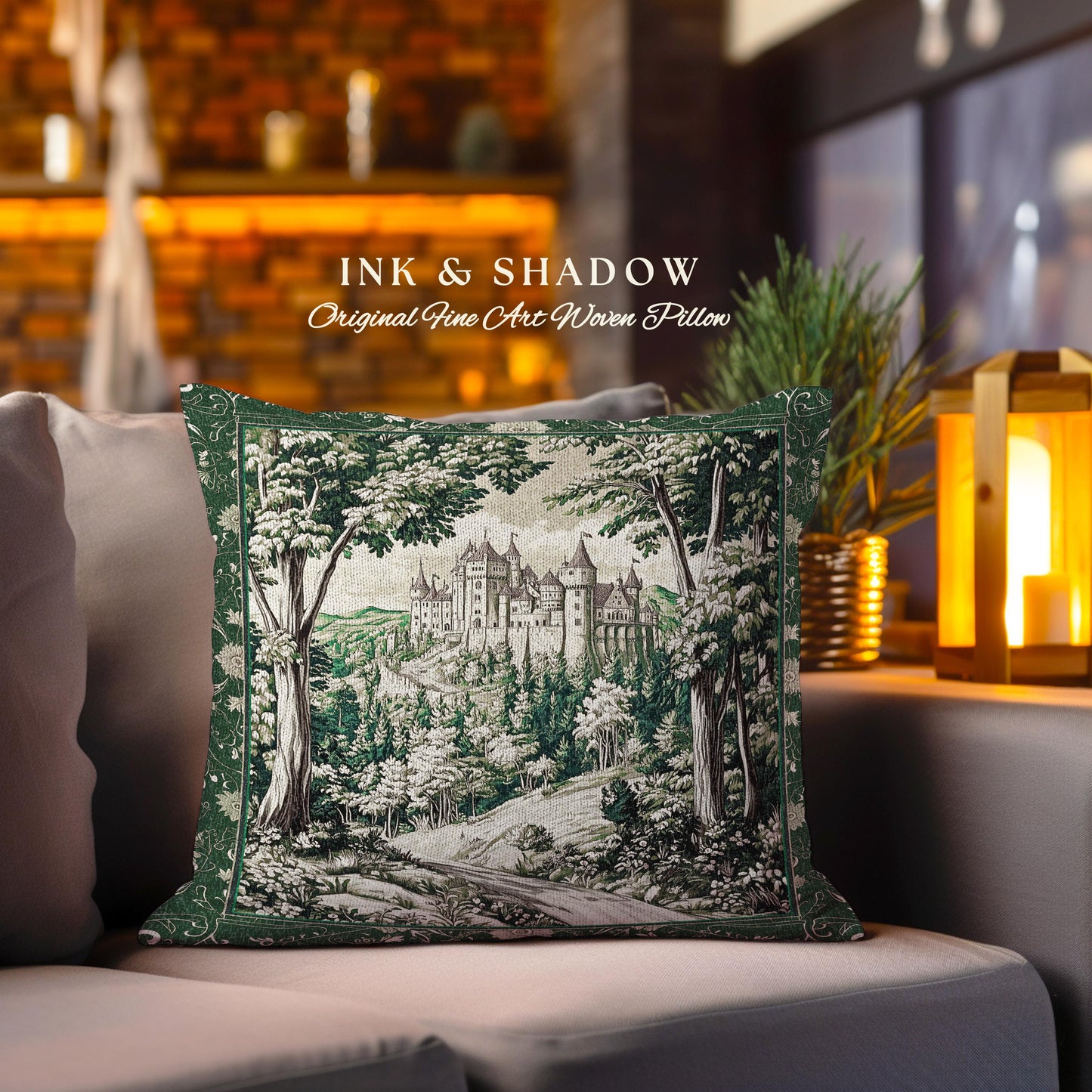 Fairytale Forest Botanical Throw Pillow | Mystic Aesthetic Woodland Home Magical Decor Plant Loving Bedroom Housewarming Gift Emerald Woods