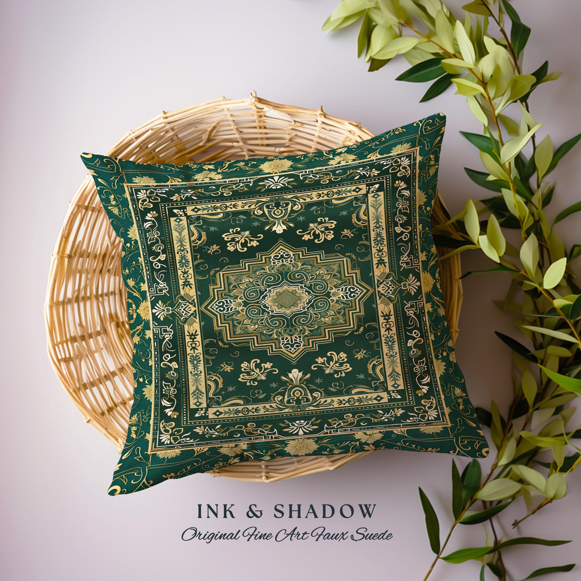 Gothic Maximalist Accent Pillow Bohemian Luxe Ornate Geometric Forest Green & Antique Gold Vintage Victorian Cottagecore Tapestry Cushion