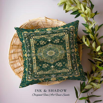 Gothic Maximalist Accent Pillow Bohemian Luxe Ornate Geometric Forest Green & Antique Gold Vintage Victorian Cottagecore Tapestry Cushion