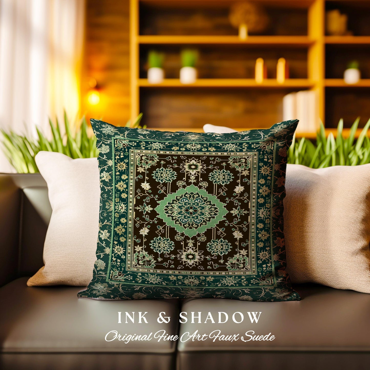 Dark Academia Emerald Statement Pillow Ornate Tapestry Cushion Maximalist Blue Green Details Vintage Cottagecore Victorian Gothic Aesthetic