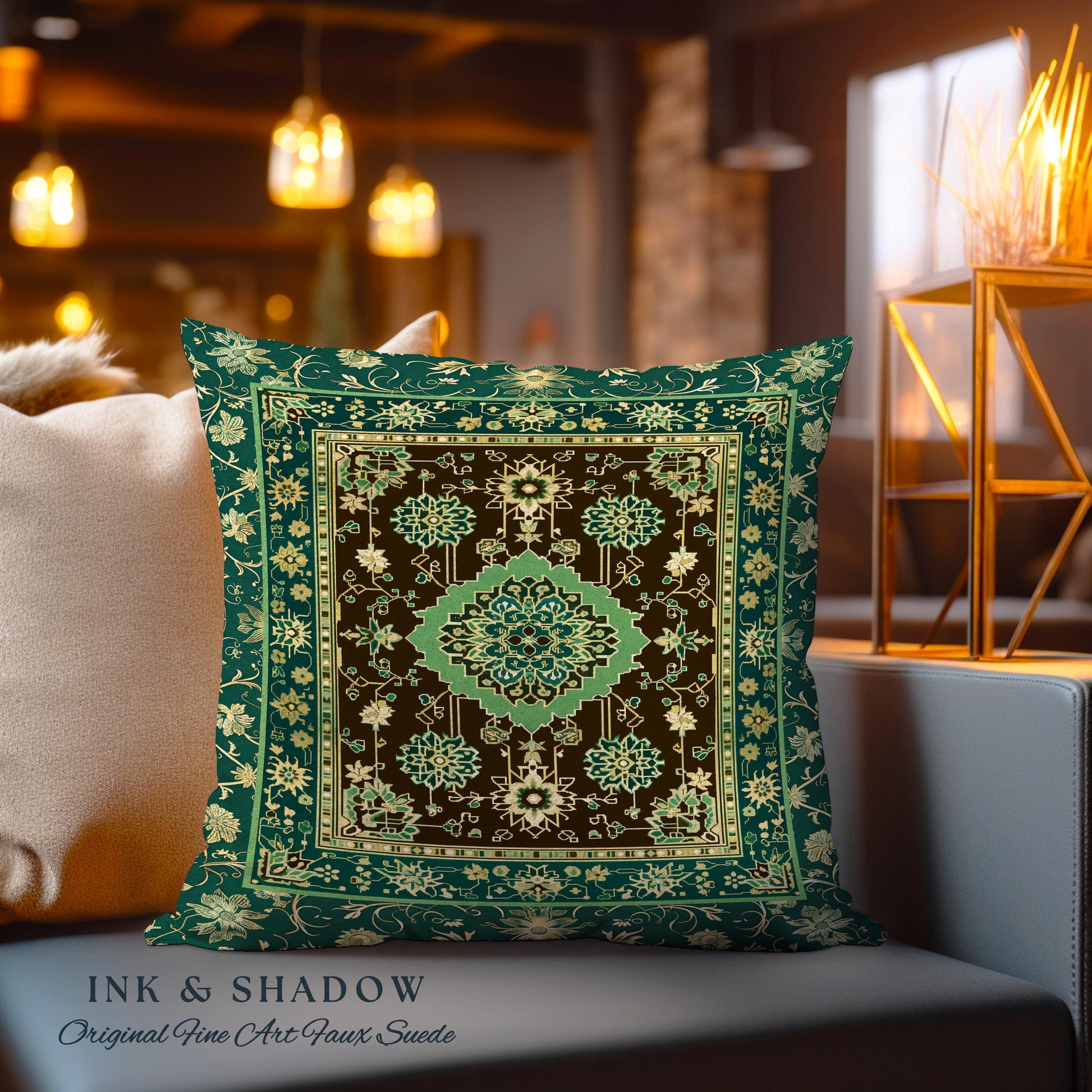 Dark Academia Emerald Statement Pillow Ornate Tapestry Cushion Maximalist Blue Green Details Vintage Cottagecore Victorian Gothic Aesthetic