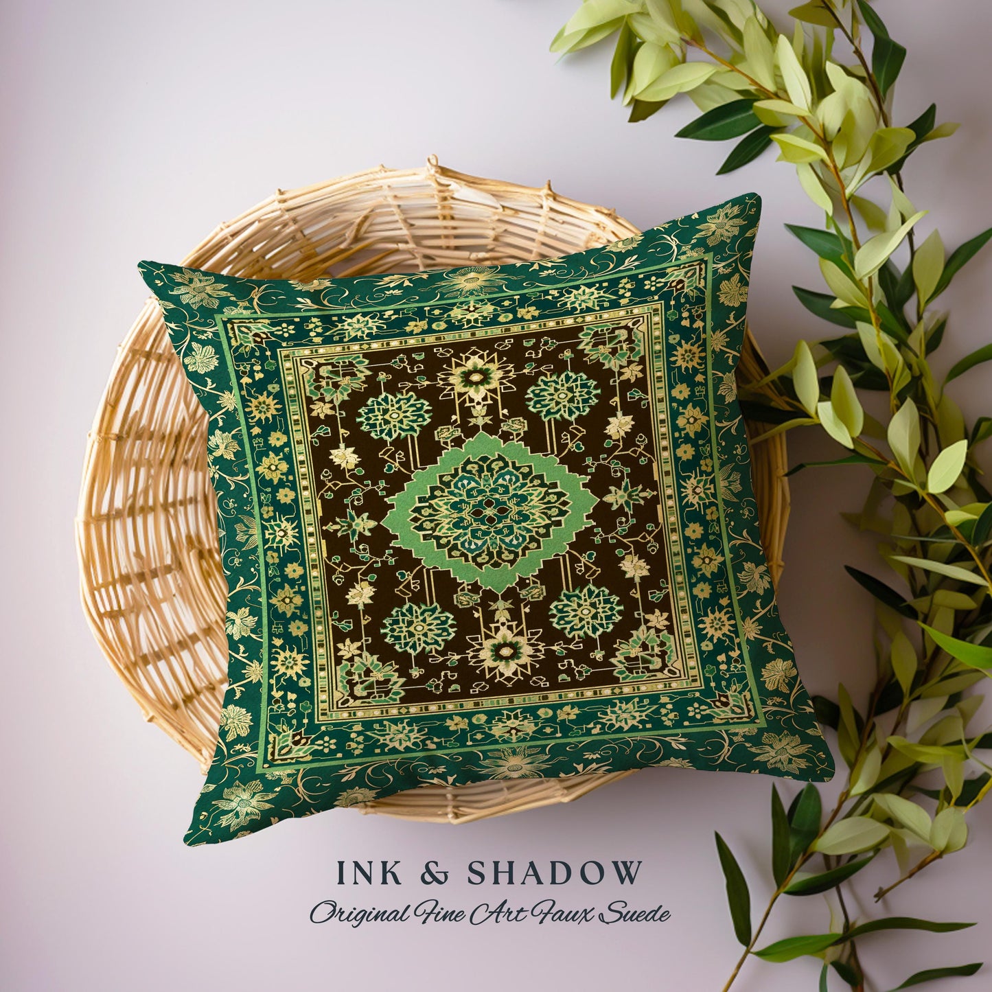 Dark Academia Emerald Statement Pillow Ornate Tapestry Cushion Maximalist Blue Green Details Vintage Cottagecore Victorian Gothic Aesthetic